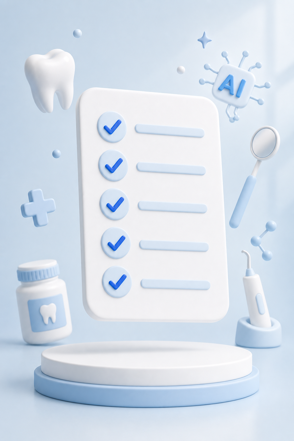 3D render of a clinical checklist card with blue checkmarks