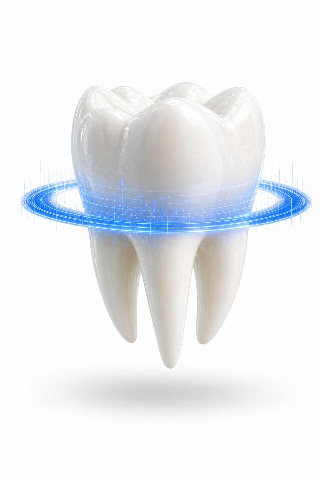 3D rendered molar tooth with a blue AI scan ring