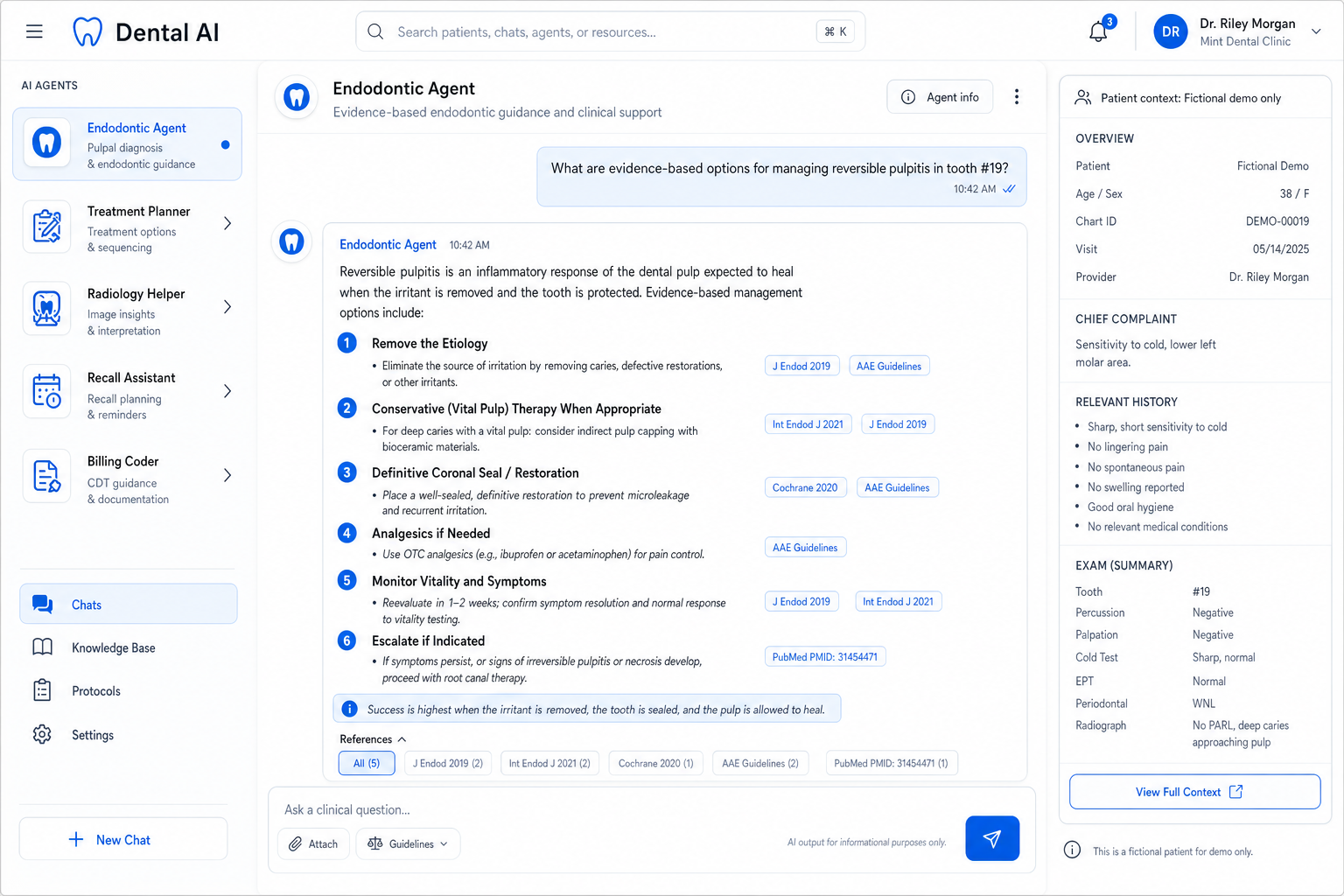 Dental AI web app answering a clinical endodontic question with references